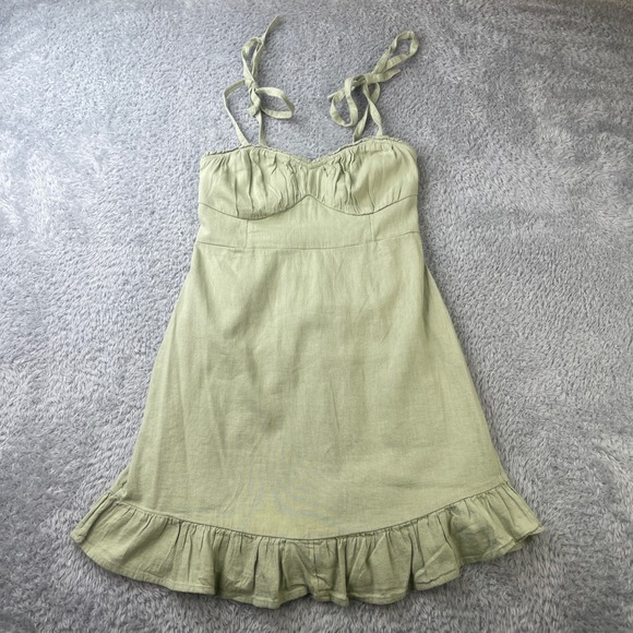 Hollister Dresses & Skirts - Hollister Mini Dress Women M Sage Smocked Tie Strap Milkmaiden Boho Linen Blend